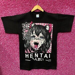 Hentai Anime Cat Girl Pink Blush Japanese Lettering T-Shirt XL